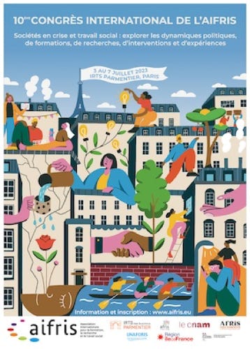 Affiche de la Conférence avec en dessiin des immeubles parisiens, des plantes vertes grimpantes, des personnages qui jardinent, se serrent la main, regardent leur téléphone. En bas 3 rameurs dand une pirogue sur la seine, et en haut la tour effeil